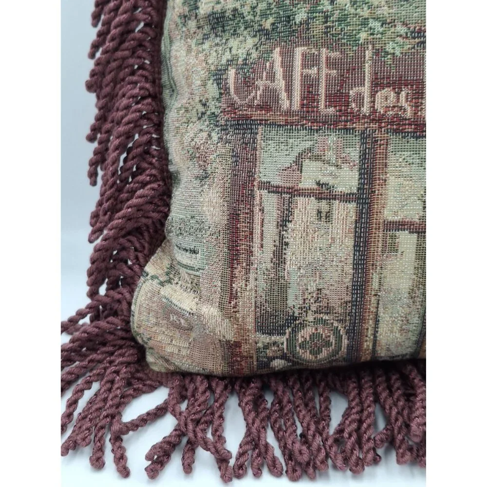 Vinatge 90s y2k Cafe De Fleurs Tapestry Throw Pillow With Burgundy Fringe